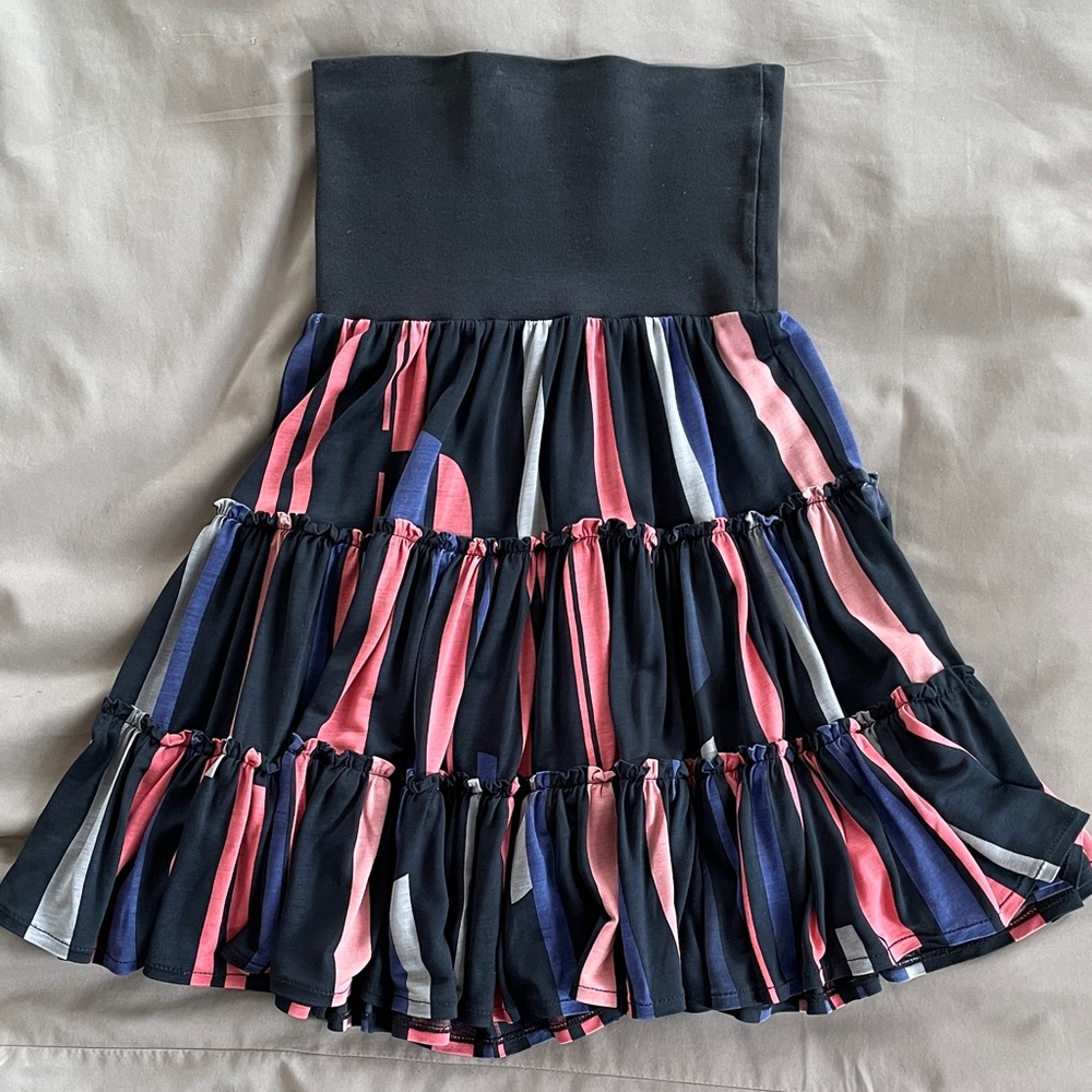 French Connection Navy Tiered Skirt with Pink & Blue Stripes